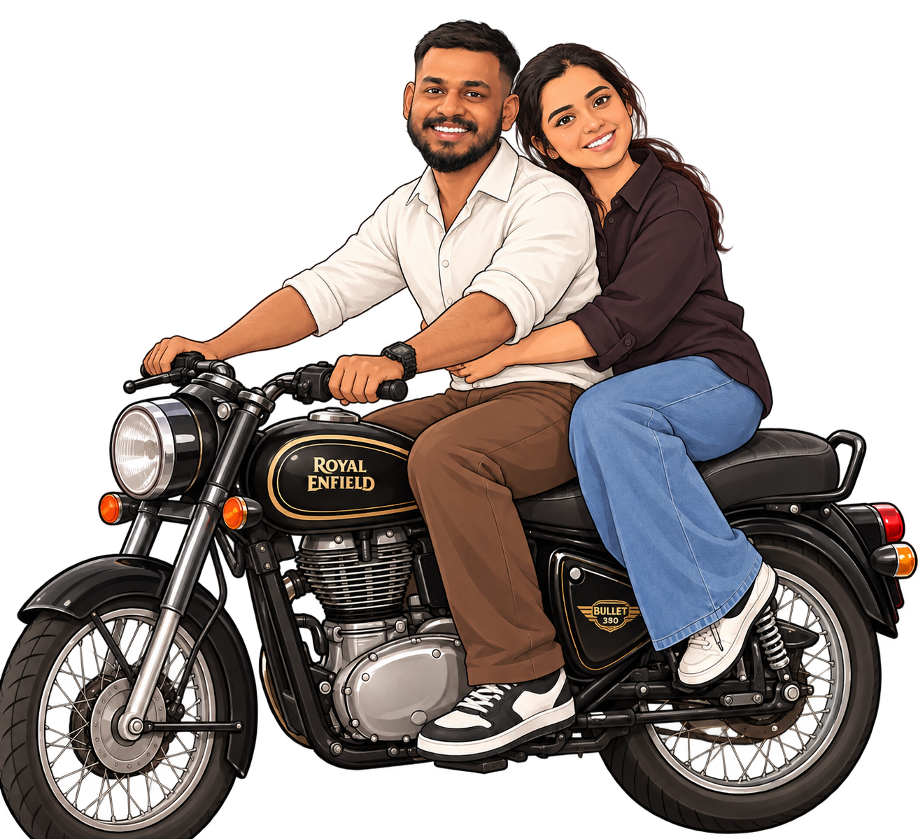 Illustration of Leyo and Anju together on a motorcycle.