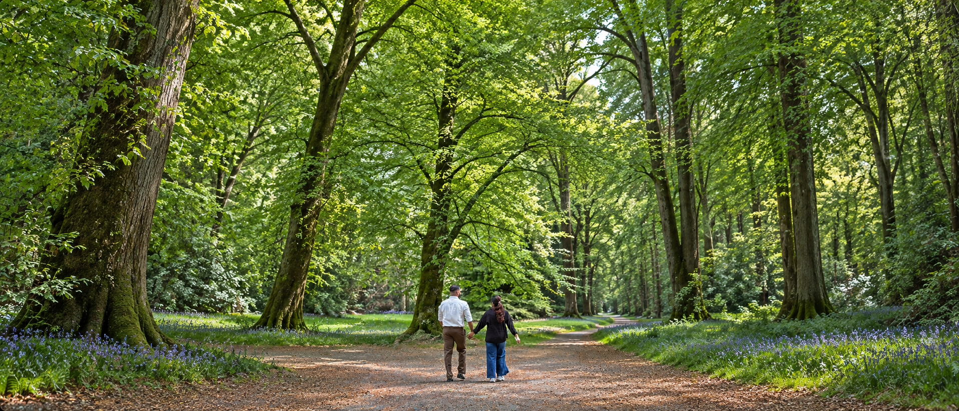 Leyo and Anju holding hands on a sunlit woodland path.